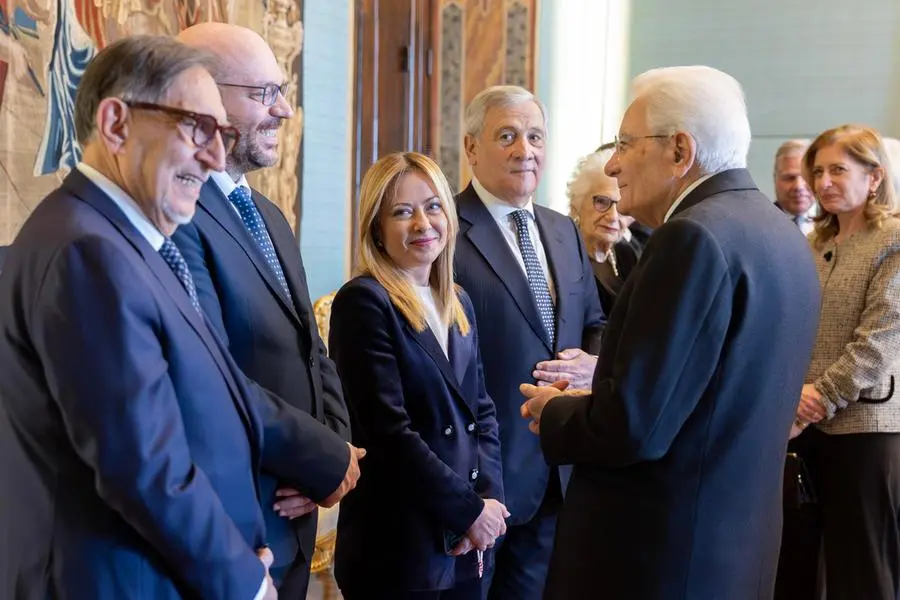 Il Presidente della Repubblica Sergio Mattarella con Ignazio La Russa, Presidente del Senato della Repubblica, Lorenzo Fontana, Presidente della Camera dei deputati e Giorgia Meloni, Presidente del Consiglio dei Ministri, durante la celebrazione del \\'\\'Giorno della Memoria\\'\\' al Quirinale , ANSA