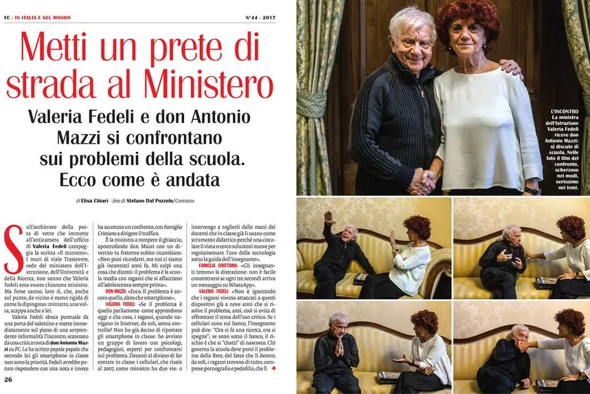 Le prime pagine del servizio di Famiglia Cristiana che document\\u00F2 l\\'incontro nel 2017, scritto da Elisa Chiari con foto di Stefano Dal Pozzolo.