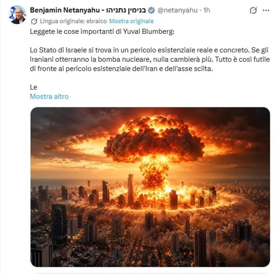 Il primo ministro Benjamin Netanyahu ha pubblicato sul suo account X un'immagine che ritrae una bomba atomica che si abbatte su Tel Aviv. 25 ottobre 2026. X.com/Benjamin Netanyahu