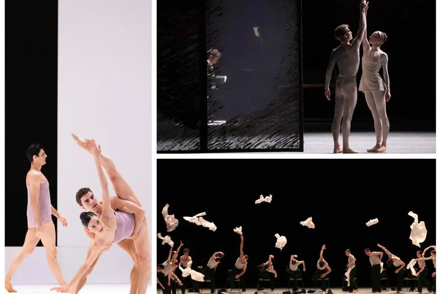 Alcune scene del trittico in scena alla Scala. Da sinistra in senso orario: Chroma, Dov\\'\\u00E8 la luna e Minus 16