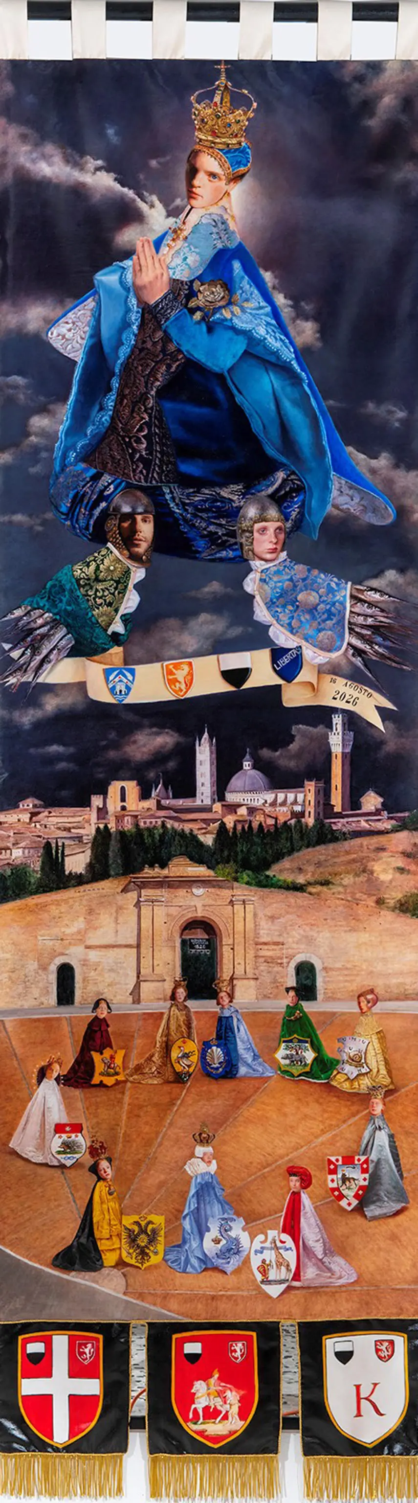 Il drappellone dipinto dall'artista romena Teodora Axente, per il Palio del 16 agosto, dedicato alla Madonna Assunta, che andrà in premio alla contrada vincitrice