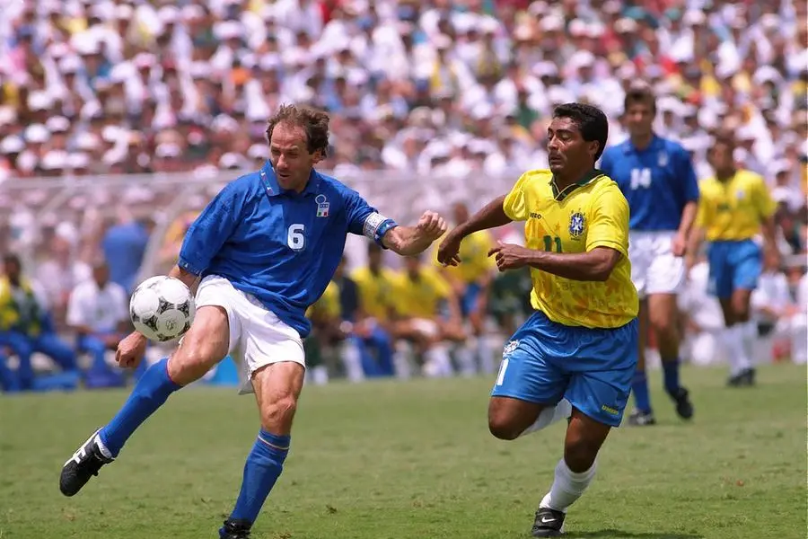Football - 1994 FIFA World Cup - Final - Italy v Brazil - Rose Bowl, Los Angeles - 17/7/94 Franco Baresi - Italy and Romario - Brazil Mandatory Credit: Action Images