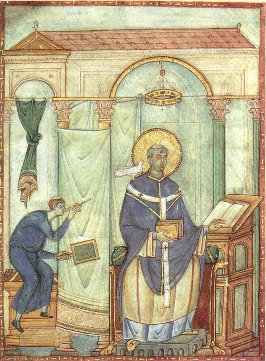 Maestro del Registrum Gregorii, San Gregorio Magno ispirato dalla colomba, 983-984 circa, miniatura su pergamena, 27 × 19,8 cm. Treviri, Stadtbibliothek, Hs. 171/1626a. Il Pontefice è raffigurato mentre detta allo scriba, con la colomba dello Spirito Santo posata sulla spalla: un'immagine della sua ispirazione divina nella composizione delle opere