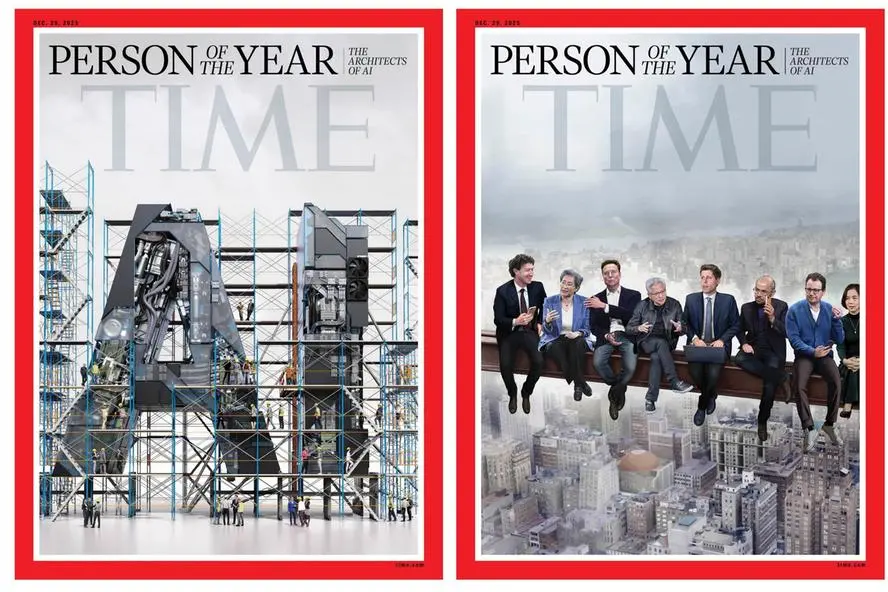 Due le copertine scelte da TIME per illustrare la scelta del Personaggio dell\\'anno 2025: nella prima, ha messo, appollaiati su una trave di acciaio come gli operai che costruivano i grattacieli nella famosa foto del 1932 Lunch atop a Skyscraper, Mark Zuckerberg, Lisa Su, Elon Musk, Jensen Huang, Sam Altman, Demis Hassabis, Dario Amodei e Fei-Fei Li. Nella seconda gli stessi Ceo popolano una struttura a forma delle lettere A e I coperta da una scaffalatura , ANSA