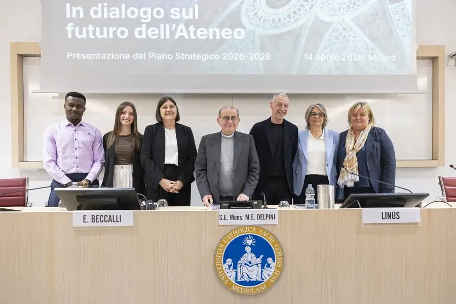 La presentazione del Piano Strategico con la rettrice Elena Beccalli, monsignor Mario Delpini e Linus