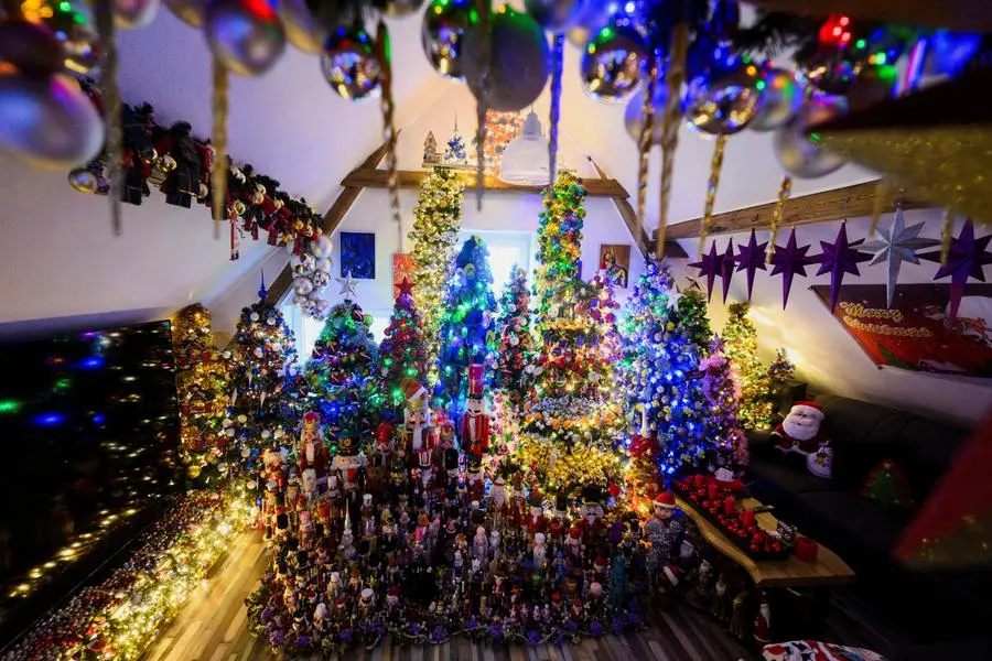 The living room of Susanne and Thomas Jeromin, the official world record holders recognized by the Record Institute Germany (RID) with their 621 decorated Christmas trees in one home, in Rinteln, west of Hanover, Germany, December 4, 2025. REUTERS/Jana Rodenbusch
