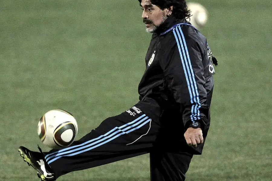 The coach of the Argentine national football team, Diego Armando Maradona, during a team training session ahead of the 2010 World Cup match against Germany in Pretoria, in an image dated 01 July 2010. ANSA/KERIM OKTEN/ARCHIVE