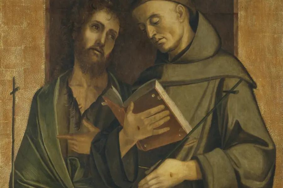 Una delle opere in mostra: Alvise Vivarini, San Francesco e san Giovanni Battista, 1480 circa, tempera su tavola; Pavia, Musei Civici, Pinacoteca Malaspina
