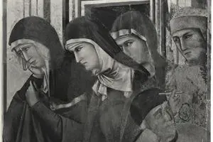 Giotto, Pianto di Santa Chiara e delle compagne, 1290-1295 circa, Basilica superiore di San Francesco, Assisi. La scena raffigura il dolore di Chiara e delle Clarisse davanti alla morte di Francesco d’Assisi, avvenuta nel 1226.