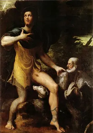 Parmigianino, San Rocco e un donatore, 1527. Il santo, protettore degli appestati, mostra la piaga sulla coscia mentre presenta a Dio il committente inginocchiato. L’opera è conservata nella basilica di San Petronio a Bologna