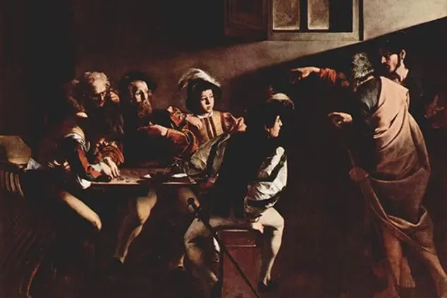 Michelangelo Merisi, detto Caravaggio, Vocazione di San Matteo, 1599-1600, Roma, chiesa di San Luigi dei Francesi, Cappella Contarelli. L\\u2019opera raffigura il momento in cui Cristo chiama Matteo, seduto al banco delle imposte, a seguirlo