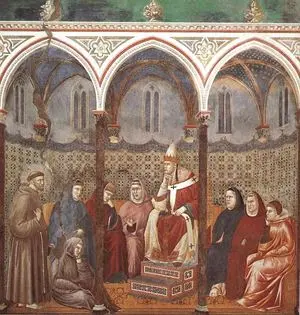 Giotto, Saint Francis preaching before Pope Honorius III, fresco from the cycle of the Stories of Saint Francis, circa 1297-1299, Upper Basilica of Saint Francis, Assisi. The scene depicts the Saint while addressing the pontiff, to whom tradition attributes the granting of the indulgence of the Porziuncola, known as the Pardon of Assisi