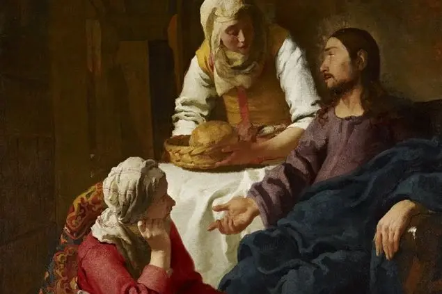 Johannes (Jan) Vermeer, Cristo nella casa di Marta e Maria (1654-1656 circa), olio su tela conservato alla National Gallery of Scotland. L\\u2019opera raffigura l\\u2019episodio evangelico in cui Ges\\u00F9 \\u00E8 accolto dalle due sorelle di Lazzaro: Marta, intenta al servizio domestico, e Maria, seduta ai piedi di Cristo in ascolto della sua parola. Vermeer interpreta il contrasto tra azione e contemplazione con una scena intima e raccolta, lontana dalle consuete rappresentazioni monumentali del tema.