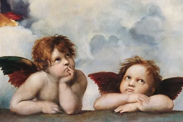 Raffaello, Madonna Sistina, particolare con i due cherubini, 1512-1513, Gem\\u00E4ldegalerie Alte Meister, Dresda