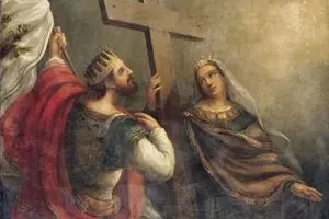 Elena Sazonov, Saints Constantine and Helena Present the Holy Cross, 1870 circa. L’opera raffigura i santi Costantino ed Elena attorno alla Croce vivificante di Cristo, richiamando la tradizione del ritrovamento della Vera Croce da parte della madre dell’imperatore