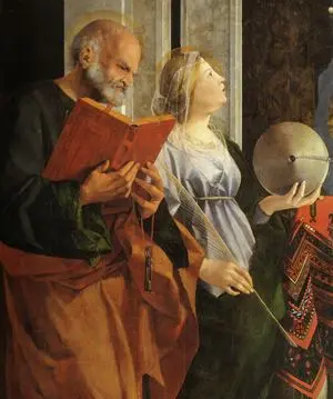 Lorenzo Lotto, Pala di Santa Cristina al Tiverone, 1504-1506. Particolare con Santa Cristina, raffigurata con gli attributi simbolici del martirio