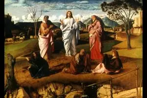 Giovanni Bellini, Trasfigurazione di Cristo, 1478-1479 circa, Napoli, Museo e Real Bosco di Capodimonte. L’opera del maestro veneziano raffigura il momento in cui Gesù manifesta la sua gloria sul monte Tabor davanti agli apostoli Pietro, Giacomo e Giovanni, con Mosè ed Elia accanto a lui, secondo il racconto dei Vangeli
