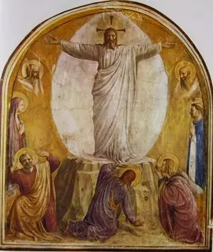 Beato Angelico, Trasfigurazione, 1440-1442 circa, Firenze, Museo di San Marco. L’affresco, realizzato per il convento domenicano di San Marco, raffigura Cristo sul monte Tabor nella sua gloria, con Mosè ed Elia ai suoi lati e gli apostoli Pietro, Giacomo e Giovanni ai piedi della scena