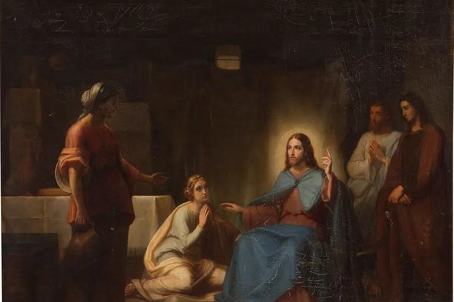 Juan Antonio Vera Calvo, Jesus in the house of Martha and Mary (circa 1858), oil on canvas, preserved in the Prado Museum. The work represents the evangelical episode of the welcome of Jesus into the house of Lazarus' sisters, staging the contrast between Martha, dedicated to domestic duties, and Mary, collected in listening to the word of Christ