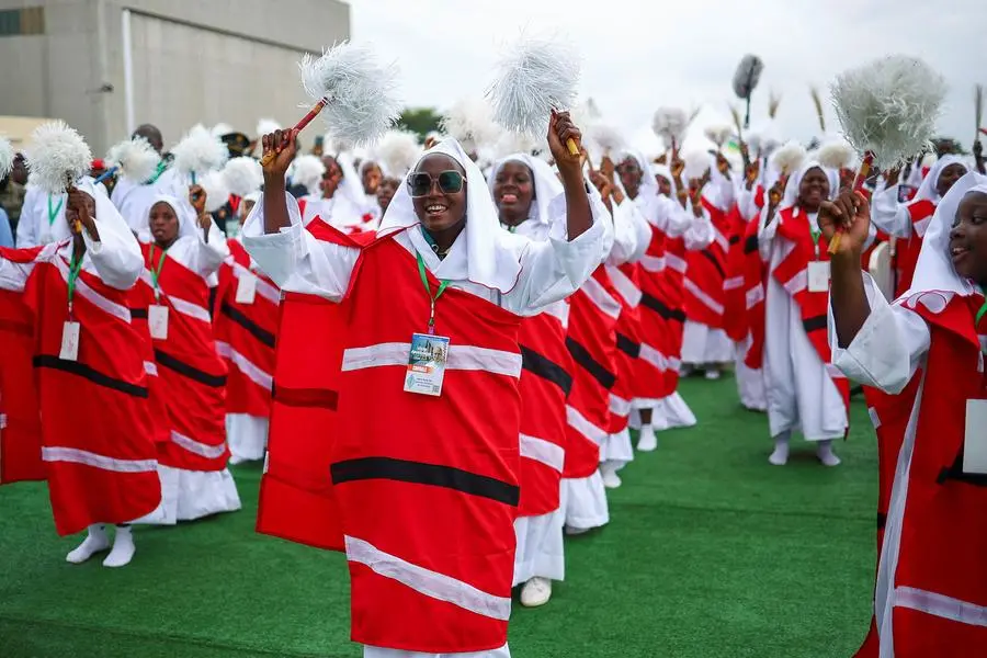 Cameroonians dancing at the mass presided over by the Pope at Yaoundé-Ville airport.