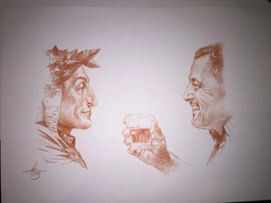 Un disegno di Gabriele Dell’Otto che rappresenta Nembrini che beve con Dante.