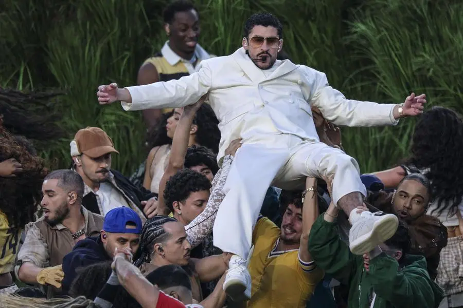 epa12718769 Bad Bunny performs in the Halftime Show of the Super Bowl LX between the New England Patriots and the Seattle Seahawks at the Levi's Stadium in Santa Clara, California, USA, 08 February 2026. EPA/CHRIS TORRES