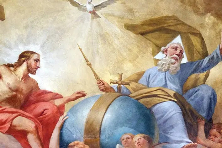 Holy Trinity, fresco in the church of St. Agatha in Schmerlenbach, Germany , zatletic - stock.adobe.com