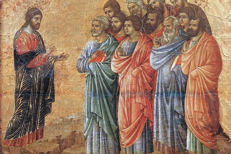 DUCCIO di Buoninsegna (b. ca. 1255, Siena, d. 1319, Siena) Appearence on the Mountain in Galilee 1308-11 Tempera on wood, 36,5 x 47,5 cm Museo dell\\'Opera del Duomo, Siena The Appearance on the Mountain in Galilee is simpler and barer and descriptive details are deliberately left out: Christ is entrusting the apostles with the task of spreading the faith (the books that two of the disciples are holding are a reminder of preaching) and nothing must distract attention from his words. --- Keywords: -------------- Author: DUCCIO di Buoninsegna Title: Appearence on the Mountain in Galilee Time-line: 1301-1350 School: Italian Form: painting Type: religious , ipa