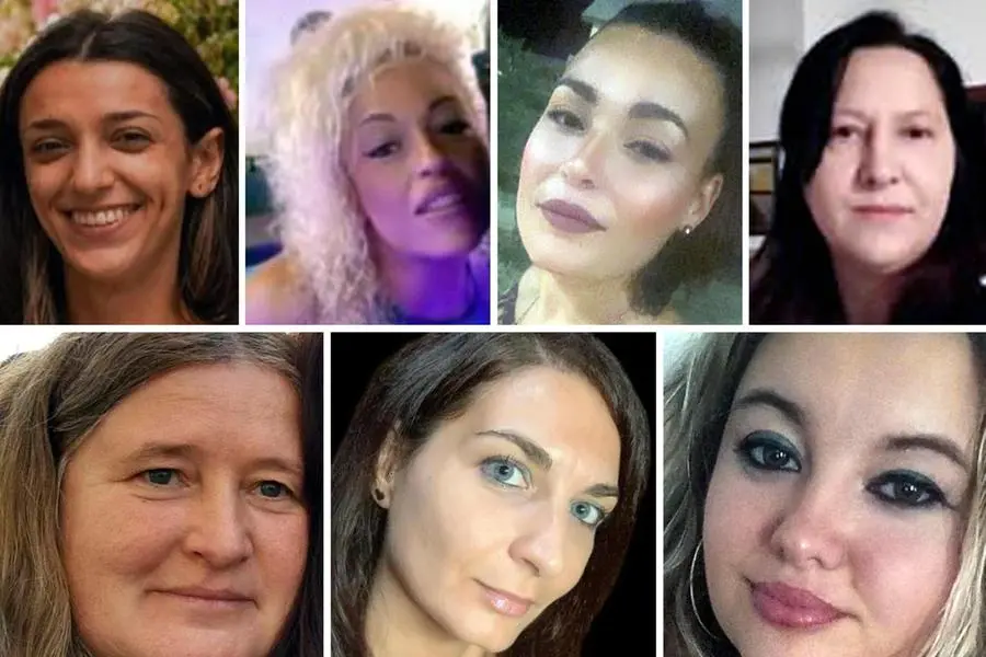 I volti delle sei donne vittime di femminicidio tra il 15 e il 19 agosto: da sinistra, Dafne Rebaudo, Ornella Forastefano, Luigia Fortunato e Joanna Rouissi e per seconda fila da sin. Tania Sperindio, Tania Terrin e Daniela Florea , ANSA