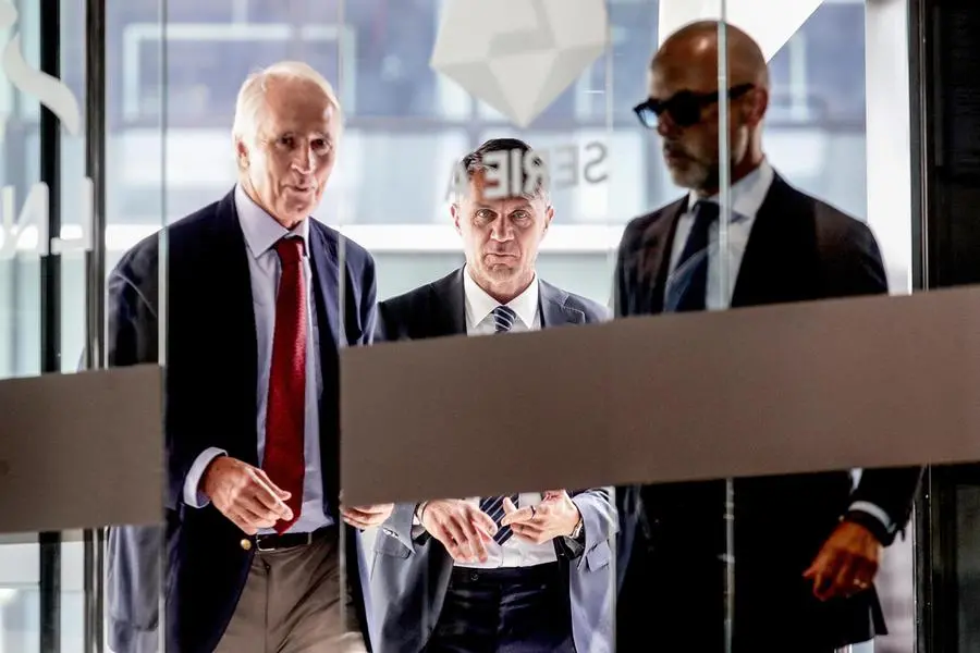 Giovanni Malag\\u00F2 e Paolo Maldini arrivano per l\\'assemblea della Lega Serie A a Milano, 23 luglio 2026. , ANSA