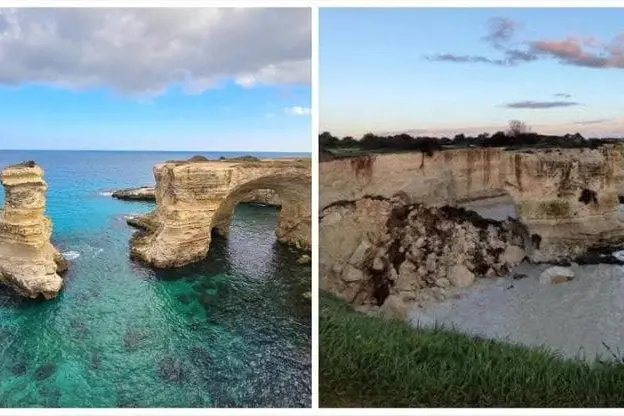 L\\'Arco degli innamorati prima e dopo la mareggiata (foto di Giuseppe Russo e Simone Dima tratta da Melendugno.net)