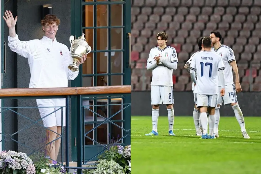 Mentre Jannik Sinner vince Wimbledon per la seconda volta la Nazionale guarda da casa il Mondiale di calcio in Tv (fotomontaggio Sinner Italia del calcio da Foto Ansa)