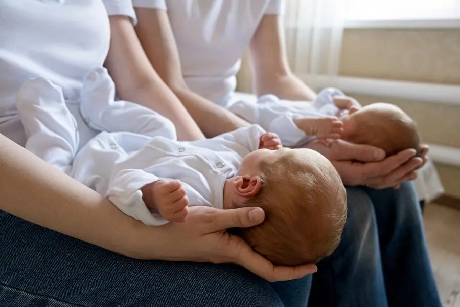 Newborn Identical twins on the bed, on a parents hands. Life style, emotions of kids. Infant Babies With Copy. Space