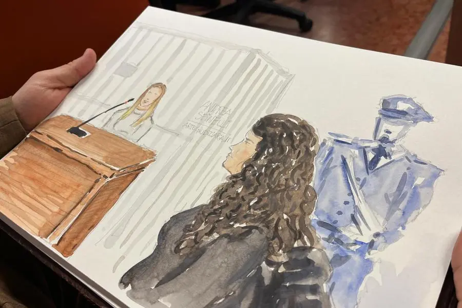 Andrea Spinelli, disegnatore professionista milanese, ha immortalato con le sue opere alcuni passaggi della quinta udienza del processo a carico di Chiara Petrolini. , ANSA