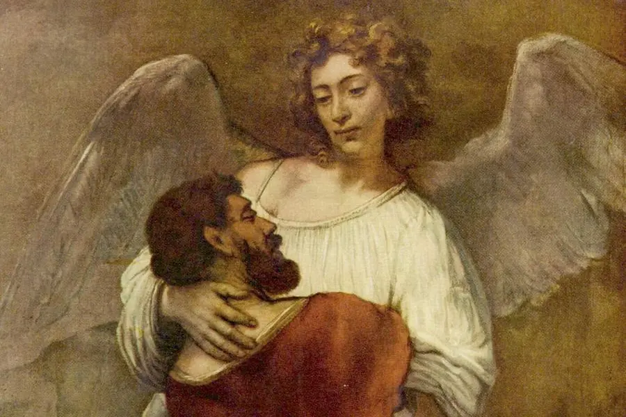 La Lotta di Giacobbe con l\\u2019Angelo (1659) di Rembrandt, visibile alla Gem\\u00E4ldegalerie di Berlino. L\\u2019episodio biblico rappresentato \\u00E8 simbolo di un intenso rapporto con Dio, tutt\\u2019altro che zuccheroso, che trasforma l\\u2019uomo. , wikipedia pubblico dominio
