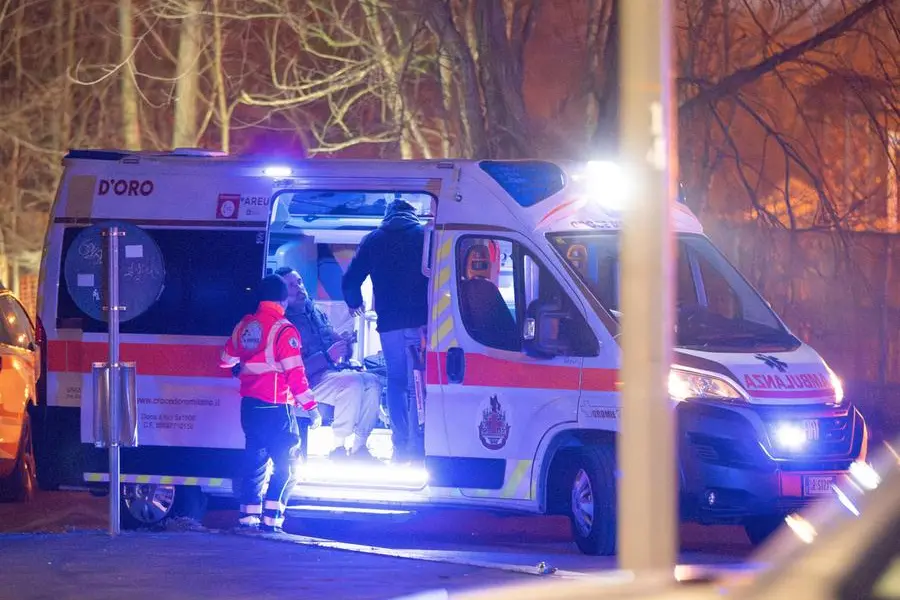 Carmelo Cinturrino, l'agente della Polizia di Stato arrestato per omicidio, in ambulanza la sera del uccisione di Abderrahim Mansouri, Milano, 23 Febbraio 2026, Ansa/Andrea Fasani