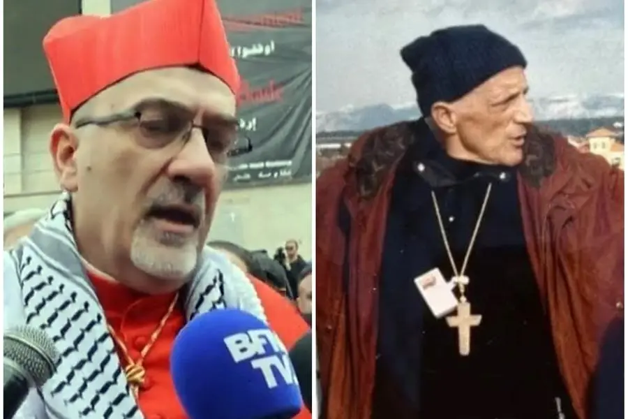 Il Patriarca di Gerusalemme, il cardinale Pizzaballa, e, a destra, don Tonino Bello nel 1992 di ritorno dalla missione di pace a Sarajevo