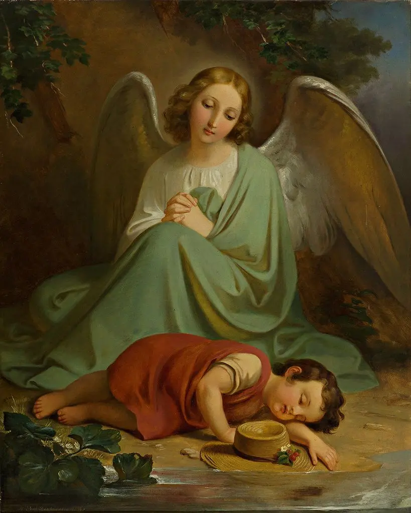 Melchior Paul von Deschwanden, L’angelo custode veglia sul sonno di un bambino, 1859, olio su tela