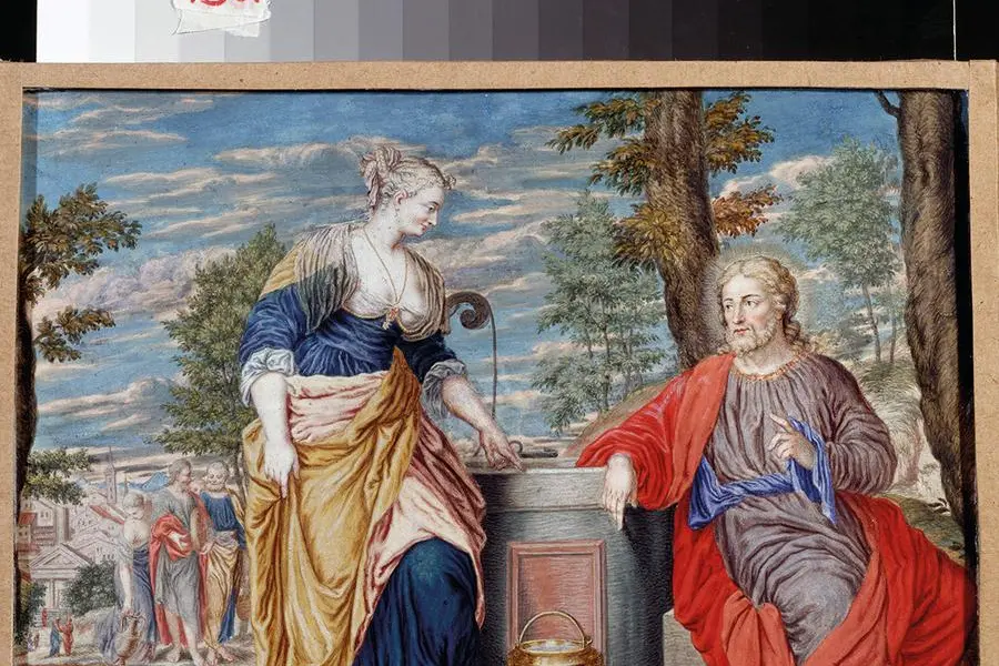 FIA5370909 Christ and Samaritaine at the well of Jacob. Christ and Samaritan Woman at Jacob\\\\\\'s Well (gouache on parchment) by Konig, Johann or Hans (1586-1642); Pushkin Museum, Moscow, Russia; (add.info.: Le Christ et la Samaritaine au puit de Jacob. Christ and Samaritan woman at Jacob\\\\\\'s Well. Peinture de Johannes Koenig (1586-1632/1635). Art allemand, style baroque. Gouache sur parchemin. Musee des Beaux Arts Pouchkine, Moscou.); \\u00A9 Fine Art Images. , Bridgeman Images