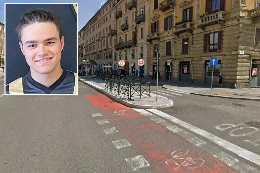 A combo of Davide Borgione's photo and an image taken from Google Maps shows the intersection of Via Nizza and Corso Marconi, in Turin, where the nineteen-year-old from Turin died when he fell from a bicycle while returning from a nightclub. Turin, 25 January 2026. GOOGLE MAPS +++ ANSA PROVIDES ACCESS TO THIS HANDOUT PHOTO TO BE USED SOLELY TO ILLUSTRATE NEWS REPORTING OR COMMENTARY ON THE FACTS OR EVENTS DEPICTED IN THIS IMAGE - NO ARCHIVING - NO LICENSING - NPK +++