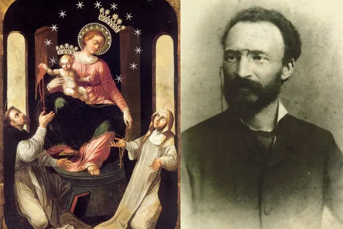 L\\'icona della Madonna del Rosario di Pompei e un ritratto di San Bartolo Longo (1841-1926), canonizzato da papa Leone XIV il 19 ottobre 2025