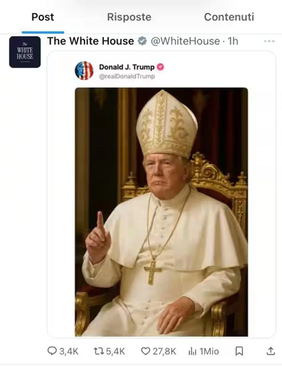Un'immagine generata con intelligenza artificiale ritrae Donald Trump nei panni del Papa, postata su X dall'account ufficiale della Casa Bianca. 4 maggio 2025. X/WHITE HOUSE +++ATTENZIONE LA FOTO NON PUO' ESSERE PUBBLICATA O RIPRODOTTA SENZA L'AUTORIZZAZIONE DELLA FONTE DI ORIGINE CUI SI RINVIA+++ NPK +++