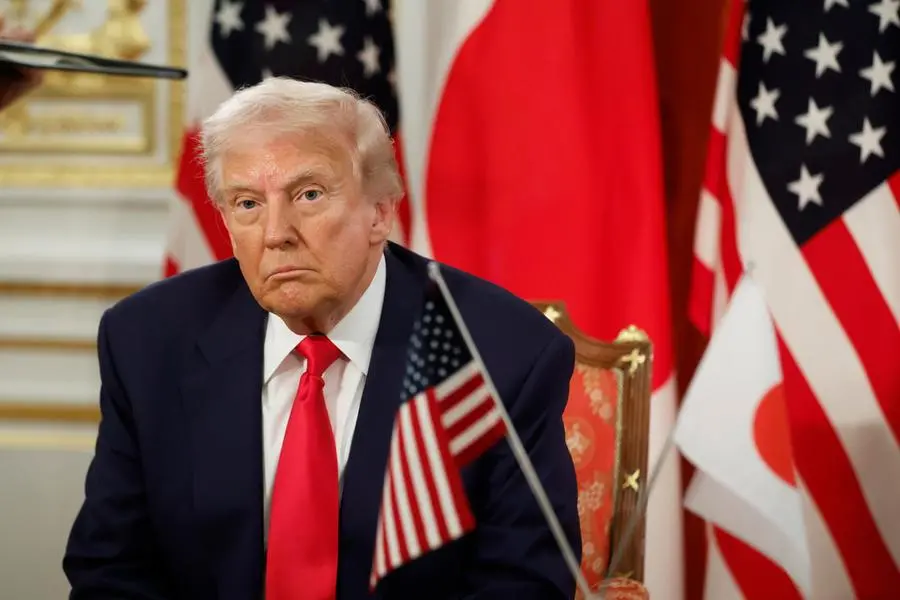 epa12487060 U.S. President Donald Trump and Japanese Prime Minister Sanae Takaichi (not pictured) attend a signing ceremony for a document on the implementation of the U.S. , EPA