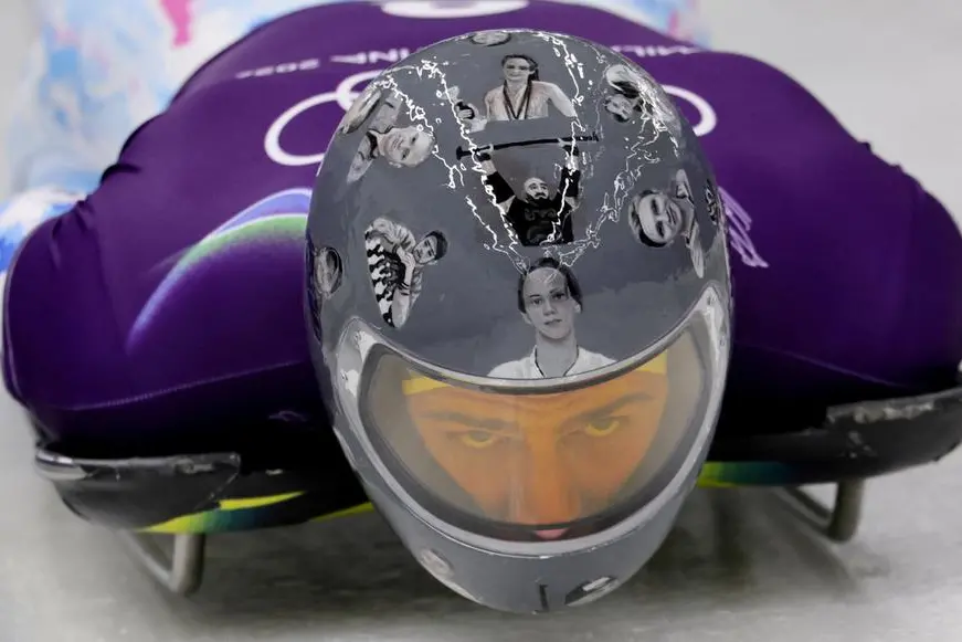 Vladyslav Heraskevych, skeleton, Ucraina, con il casco della memoria contestato dal Cio , REUTERS