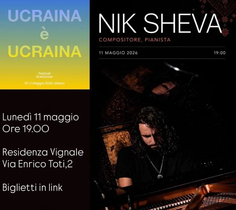 La locandina del concerto del pianista e compositore Nik Sheva l'11 maggio a Milano.