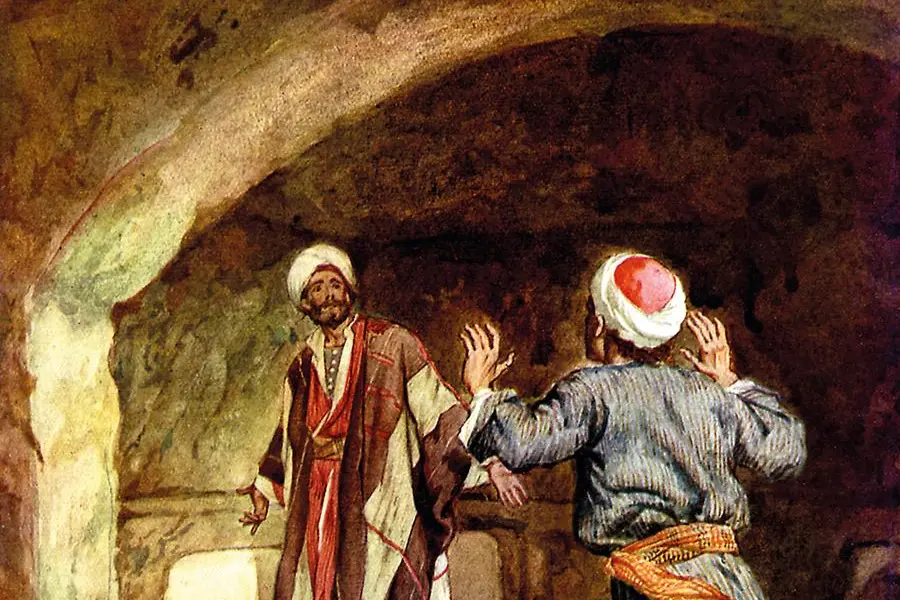 XLF3780535 Peter and John hurry to the empty tomb - Bible by Hole, William Brassey (1846-1917); (add.info.: Peter and John hurry to the empty tomb and inspect the linen cloths. \\\\\\'So they ran both together: and the other disciple did outrun Peter, and came first to the sepulchre\\\\\\' John xx 3-10. (discover Jesus\\\\\\' physical body has disappeared) Illustration by William Hole 1846-1917. The Life of Jesus Nazareth , London Eyere and Spottiswoode, nd (signed 1913)); Lebrecht History. , Bridgeman Images