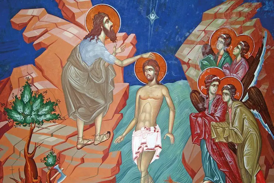 DGC829537 The Baptism of Jesus, Cyprus (fresco) by Cypriot; Kykkos Monastery, Troodos Mountains, Cyprus.; (add.info.: Situated west of Pedoulas in the Troodos Mountains and founded by the Byzantine emperor Alexios I Komnenos, The Holy, Royal and Stavropegic Monastery of Kykkos (Greek:\\u0399\\u03B5\\u03C1\\u03AC \\u039C\\u03BF\\u03BD\\u03AE \\u039A\\u03CD\\u03BA\\u03BA\\u03BF\\u03C5), is one of the wealthiest and best-known monasteries in Cyprus; Artwork by the Kepola brothers, Cypriot icon painters and others from Greece and Romania;); Prismatic Pictures . , Bridgeman Images