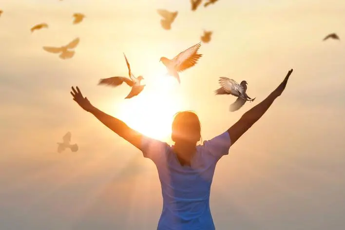 Woman praying and free bird enjoying nature on sunset background, hope concept , ipopba - stock.adobe.com