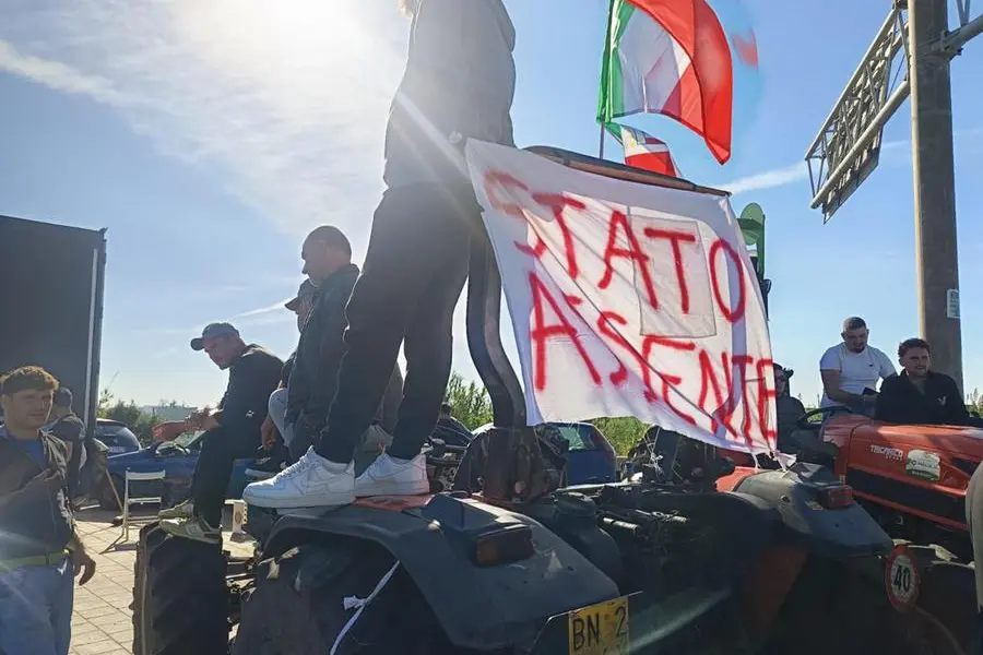 La porotesta di autotrasportatori e agricoltori al casello di Poggio Imperiale nel Foggiano, con anche sindaci, vescovo, studenti e un asinello, 17 ottobre 2026 ANSA / Michela Magnifico , ANSA
