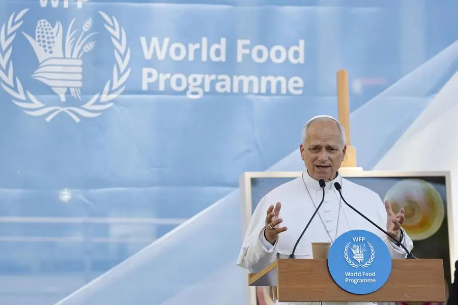 Il Pontefice durante la sua prima visita ufficiale alla sede del World Food Programme (WFP) a Roma , ANSA